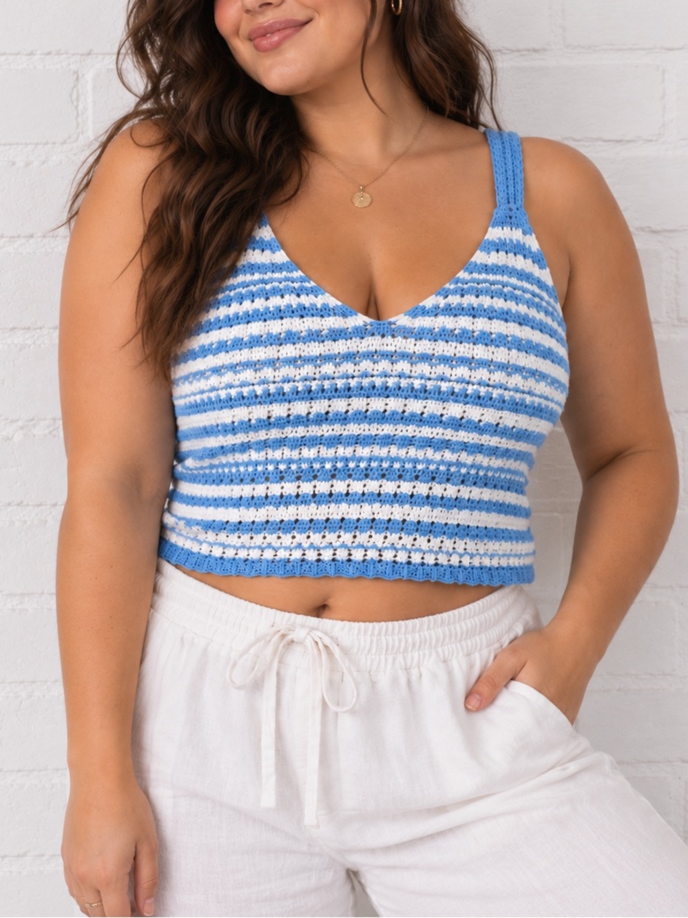 Hollister Crochet Knit Crop Tank XL Blue White Y2K Coastal Cowgirl Beach Boho